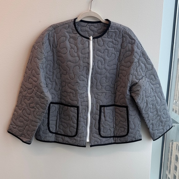 Jackets & Blazers - Quilted Gingham Black White Zip-Front Jacket Size L Abstract